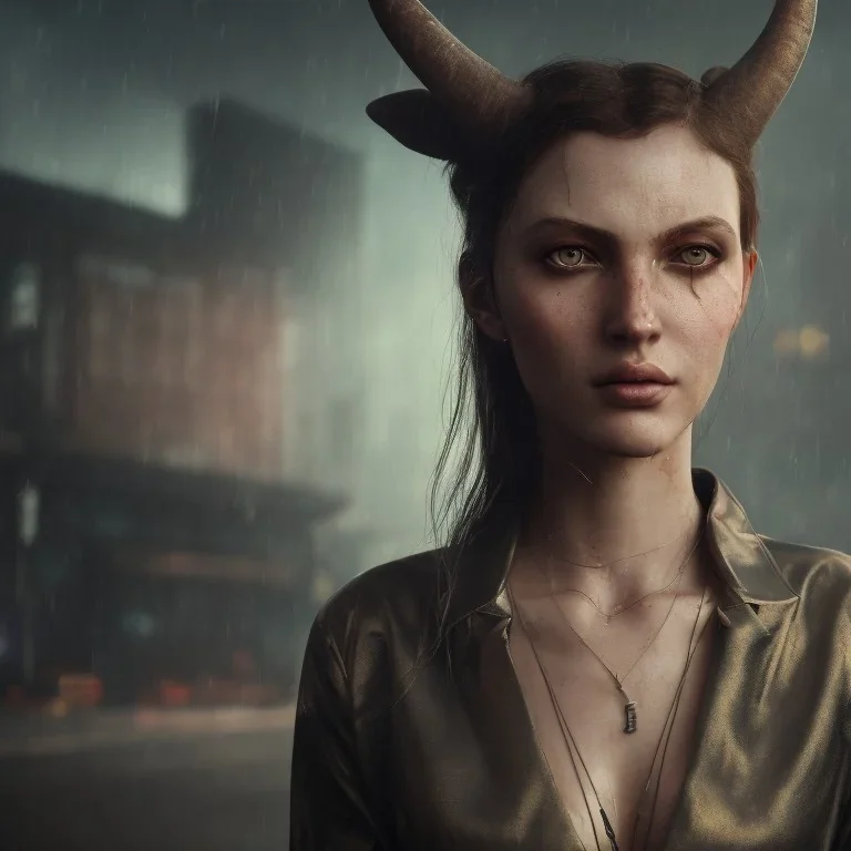 a moody medium-close-up shot of an attractive long-horned woman with golden eyes on a cyberpunk city sidewalk, high-resolution