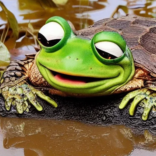 pepe the frog riding a snapping turtle on the edge of a muddy pond