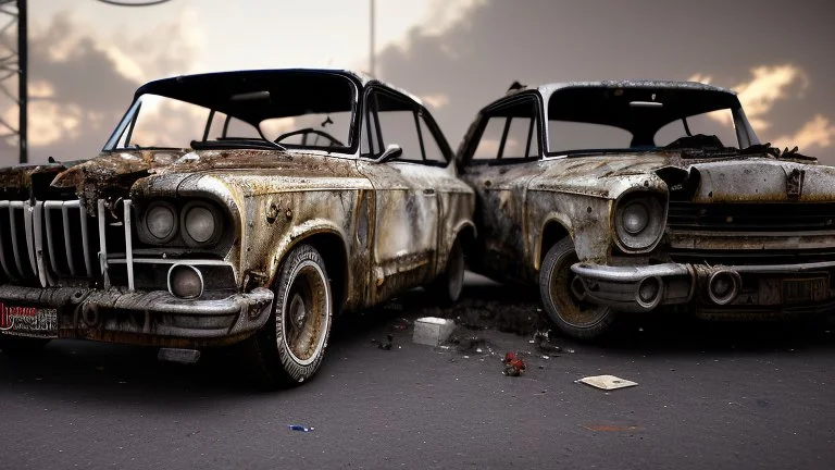 close up photography of two 44 year old dirty burly strong angry stocky turkish mechanics wet sweat, bullneck, long curly beard, short hair manly chest, white boxer, sitting on an old car at midnight inside a car demolition parking lot, misery and poverty, open legs, photorealistic, look at camera, neon side light, very detailed , view from the ground , ambient occlusion