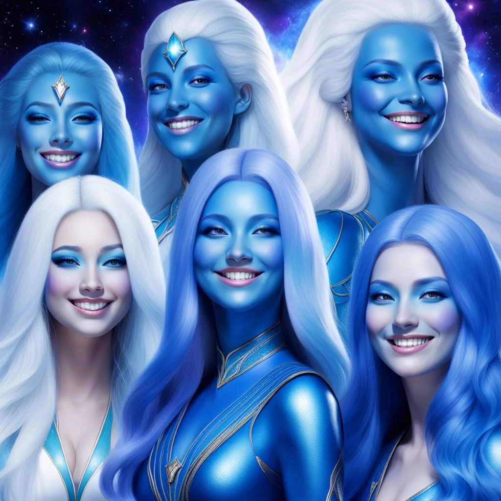 Plusieurs pleiadiens souriants à peau bleue et à long cheveux blancs