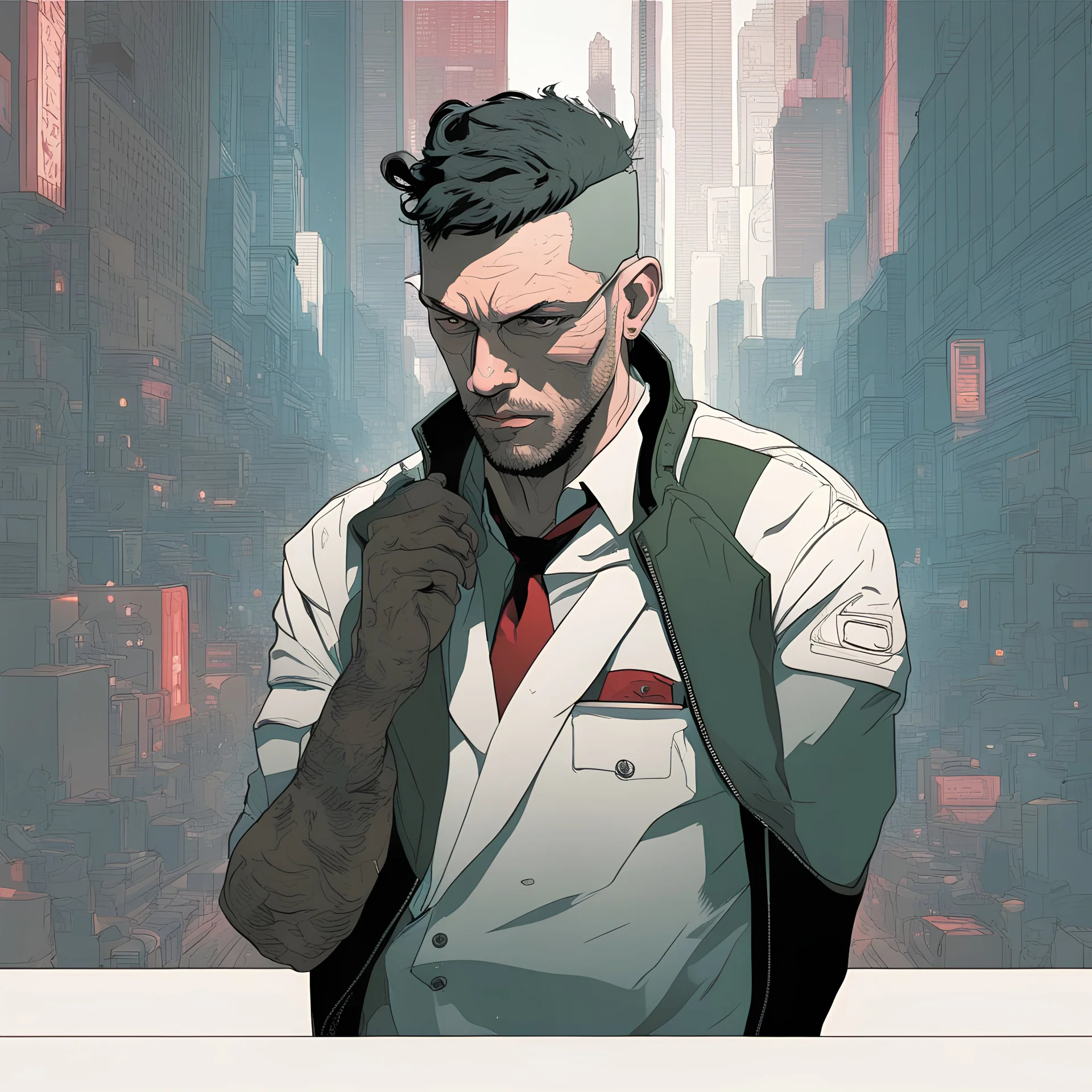 man, cyberpunk, Style by tomer hanuka, portrait, serious,