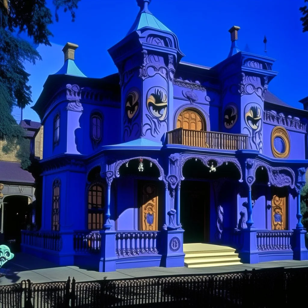 A purplish periwinkle haunted mansion with spirits designed in African masks painted by Andy Warhol