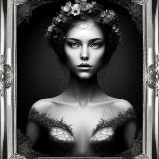 romantic fantasy spray painting,bw, portrait of poet, foliage frame