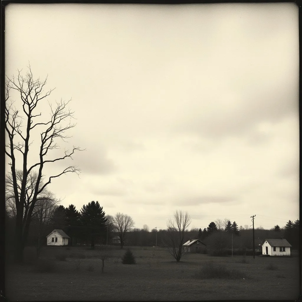 A landscape, odd black and white old photo, dystopic atmosphere, trees, some odd houses, George Grosz