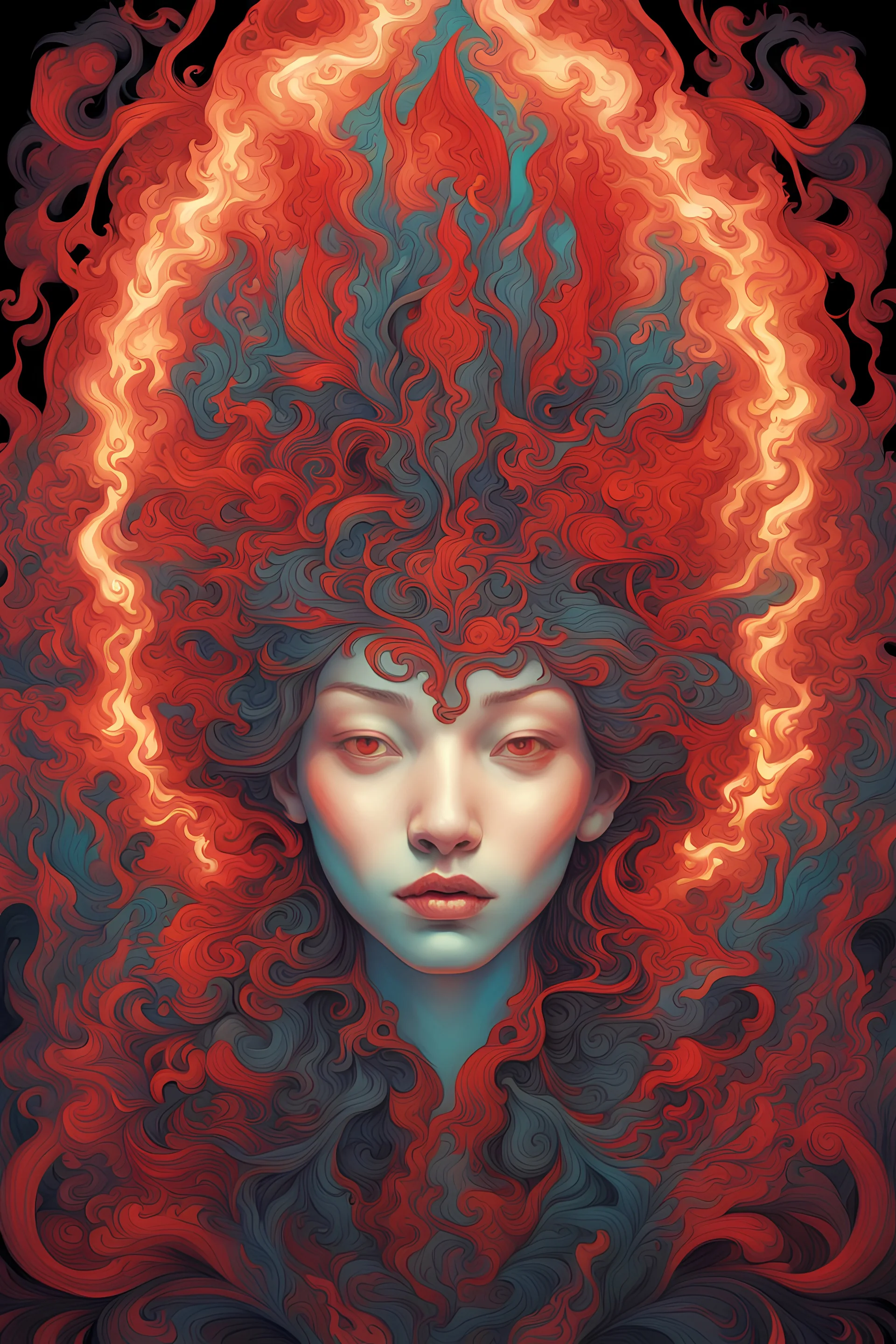 fire in James Jean illustration style, vibrant colors, red colors, intricate details, ethnic ornament, ethereal lighting, digital painting, 4k resolution, black background