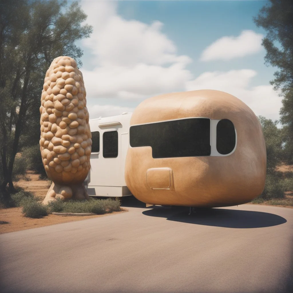 Polaroid picture of a RV parked next to a giant peanut sculpture that is a strange roadside attraction, fantastical, realistic, road trip picture