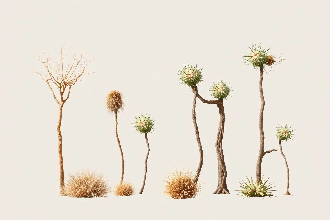 "Isolated concept art of multiple types of alien tree plant on a plain neutral background. Designed for Desert biome – dry, spiky, brittle grass with sharp edges, thorn-like blades, and pale dusty colors