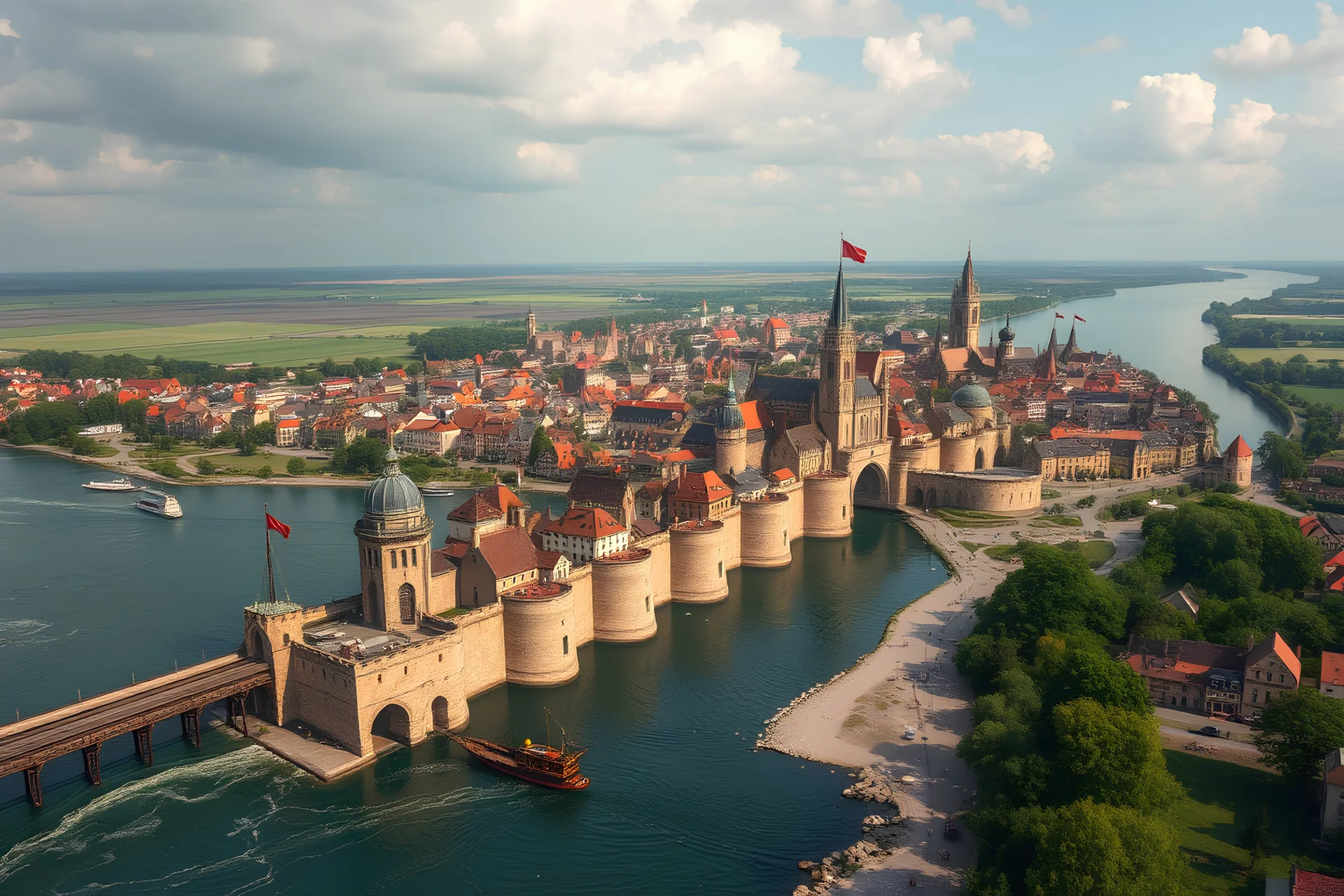 An large medieval city built on the shores of a great inland sea and straddling a river that the sea is flowing out of and into a vast farmland. At the mouth of this river the city is a single, wide bridge that has dozens of buildings, contains bustling markets, and it is also tall enough for small ships to pass underneath. Flags of black and red decorate the expansive city, which expands on either end of the central wide bridge neighborhood