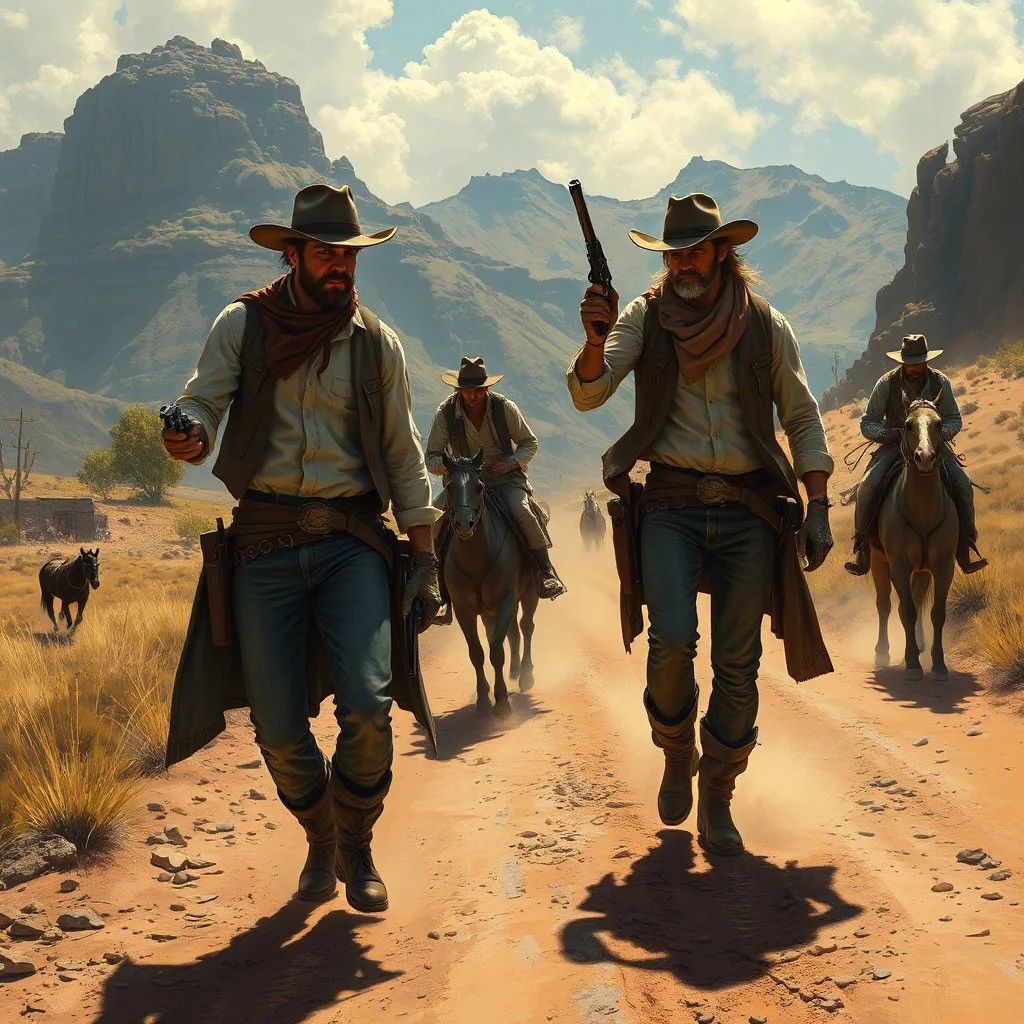 western bandit gang robbing someone on a dirt road fantasy art