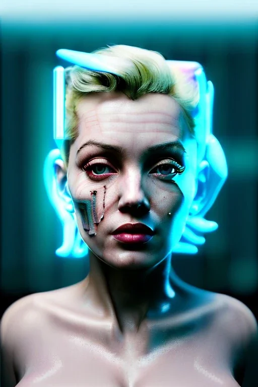 Ultra Realistic image, portrait, blonde woman, sweet Marylin Monroe face, perfect iris, glow eyes, glow makeup. Cyborg, Cyberpunk, ghost in the shell style, oversized transparent latex coat, yakuza tattoos body. fog, rain, soft color, highly detailed, unreal engine 5, ray tracing, RTX, lumen lighting, ultra detail, volumetric lighting, 3d, finely drawn, high definition, high resolution.