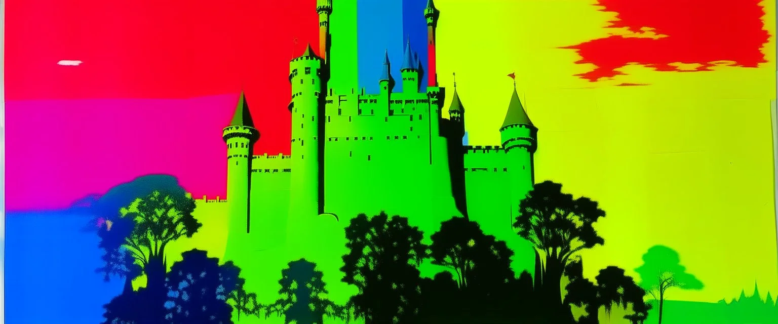 A rainbow empire with a giant castle painted by Andy Warhol