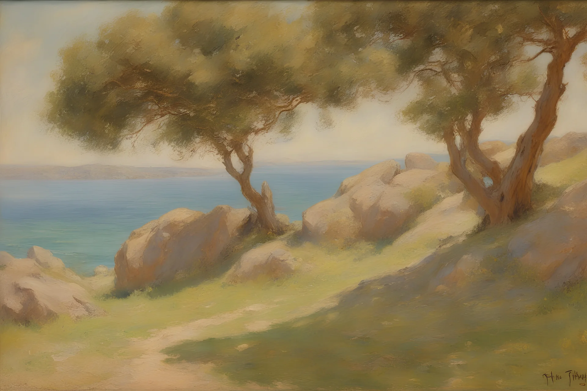 summer, trees, rocks, rihanna influence, henry scott tuke and sidney starr painter impressionism painting