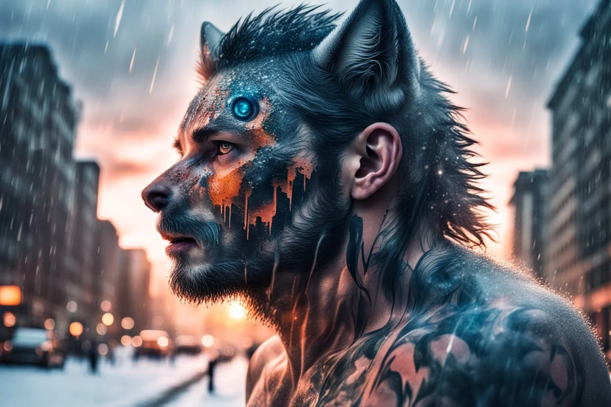 double exposure, Wolf Man, man, city, sunset, snow, rain, wind, fantasy, mystical, tattoo, vertical pupils, high detail, high resolution, 8K