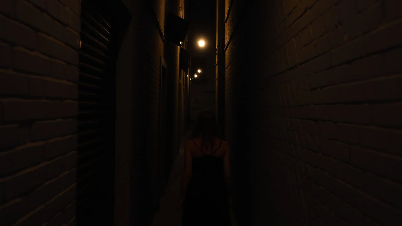 Woman alone in a narrow lonely dark ally