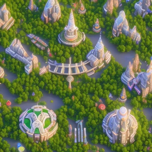 a city made from nature , big tree houses , green elf citizens, cute white elf singing on the middle of the city , from sky view ,4k , realistic