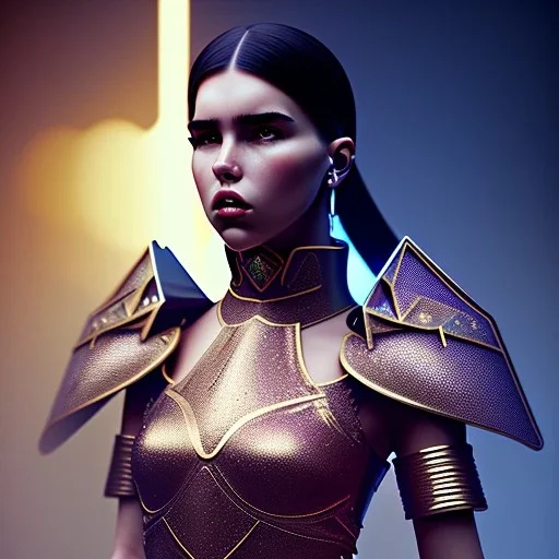 Mystery dua lipa, knight costume, Ambiance dramatique, dramatic lighting, volumetric lighting, concert background, hyperrealisme, 8k, high quality, lot of details, fit within portrait