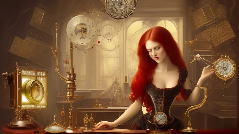 Victorian red long hair woman leaning over a desk, working on a tiny clockwork machine, while looking through a magnifying glass, in a dark laboratory, full of devices and machines