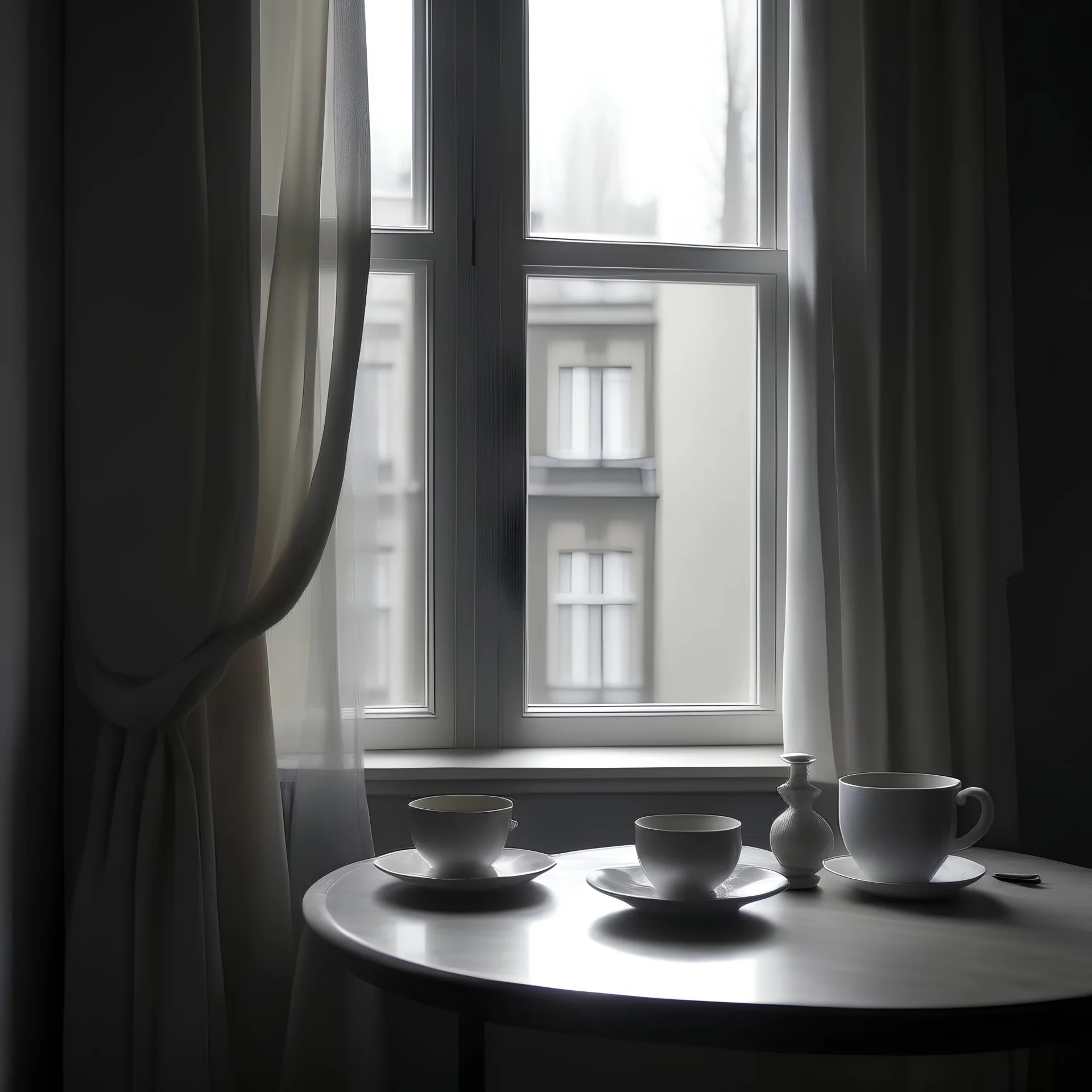 tarde lluviosa, una mesa, al lado de la ventana con las cortinas abiertas, con 3 tazas de té, dos llenas y una vacía, tonalidad en blanco y gris, retrato, luz difusa