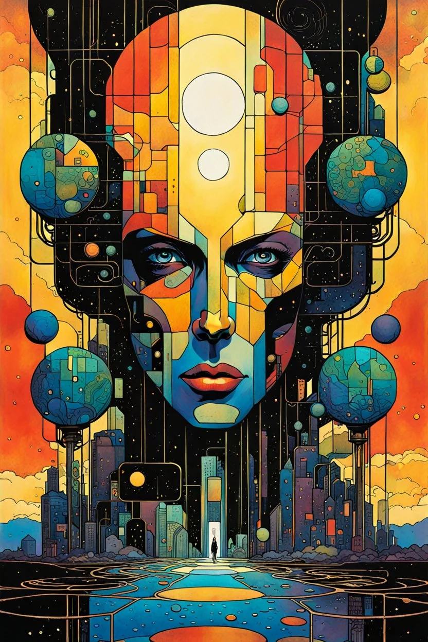 Create a chaotic abstract cubist Tarot Card depicting a post apocalyptic, Judgement , with highly detailed facial features, in the style of Bill Sienkiewicz, Philippe Druillet, Gustav Klimt, and Jean Giraud Moebius, precisely drawn, colored and inked