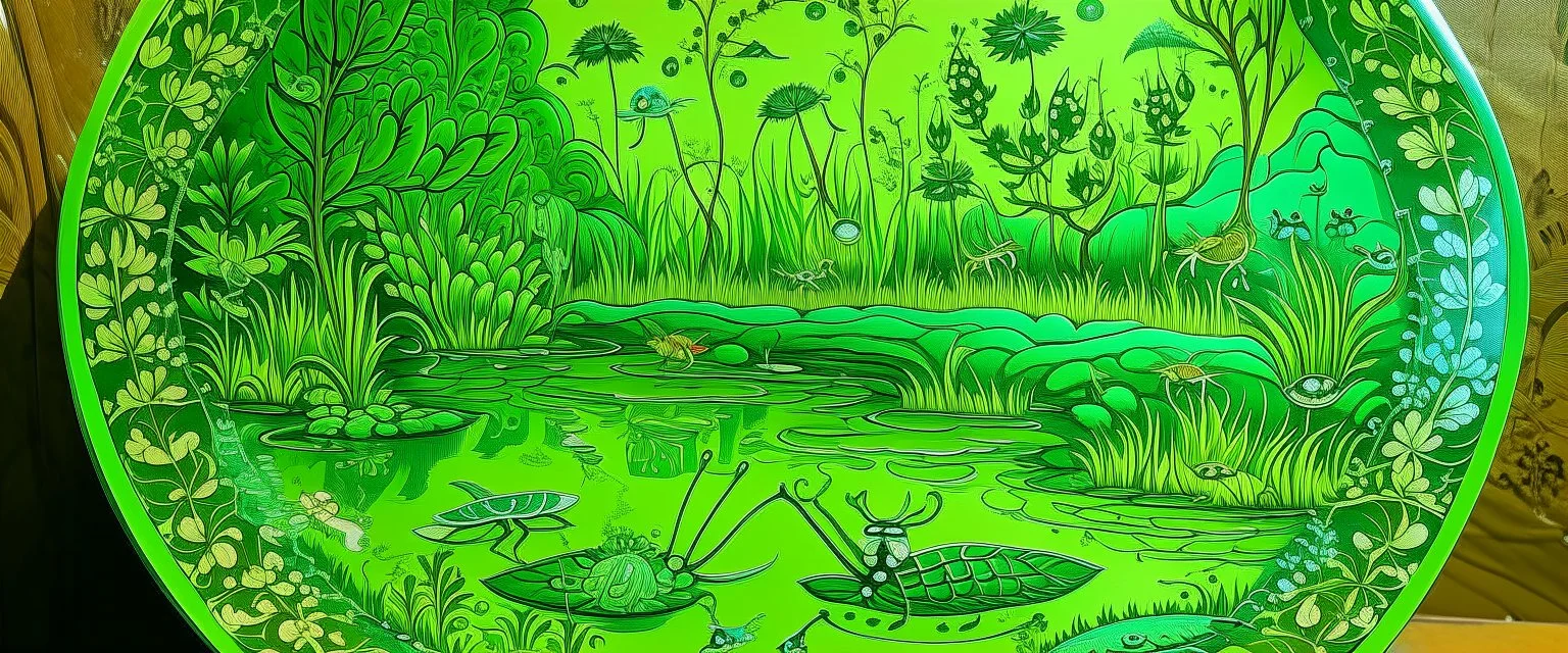 A lime green wetlands with bugs designed in Mehndi design painted by the Limbourg brothers