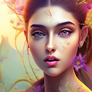 bright fairy, beautiful portrait, flowery landscape , hansika motwani , golden hour, crown