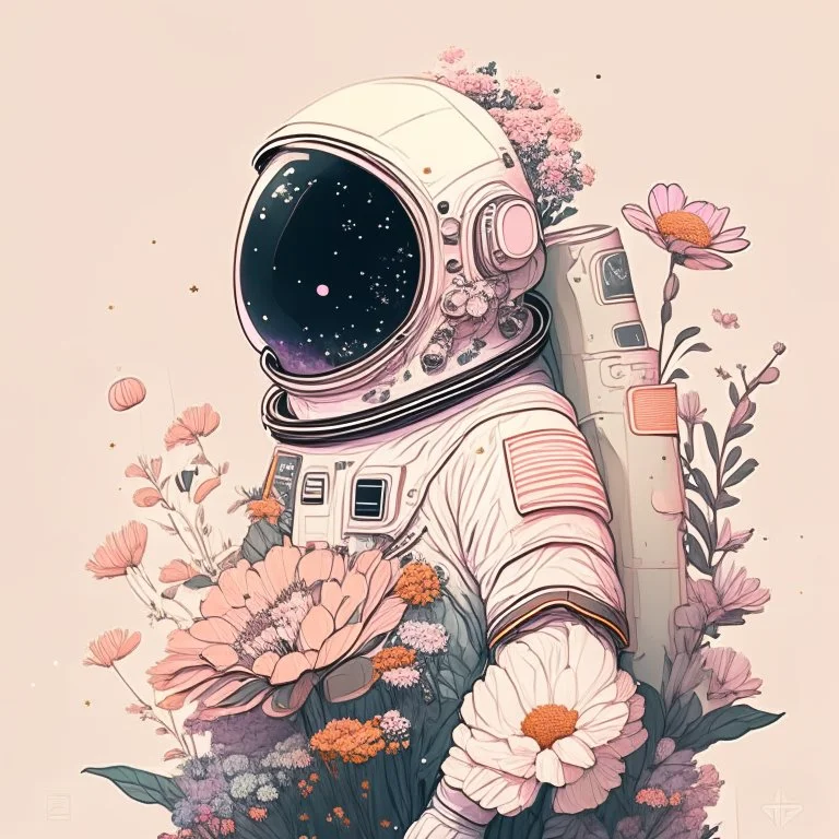 "floral astronaut" hand-drawn digital art, muted tones, flowers everywhere, REALISTIC, anime, 4k, colorful