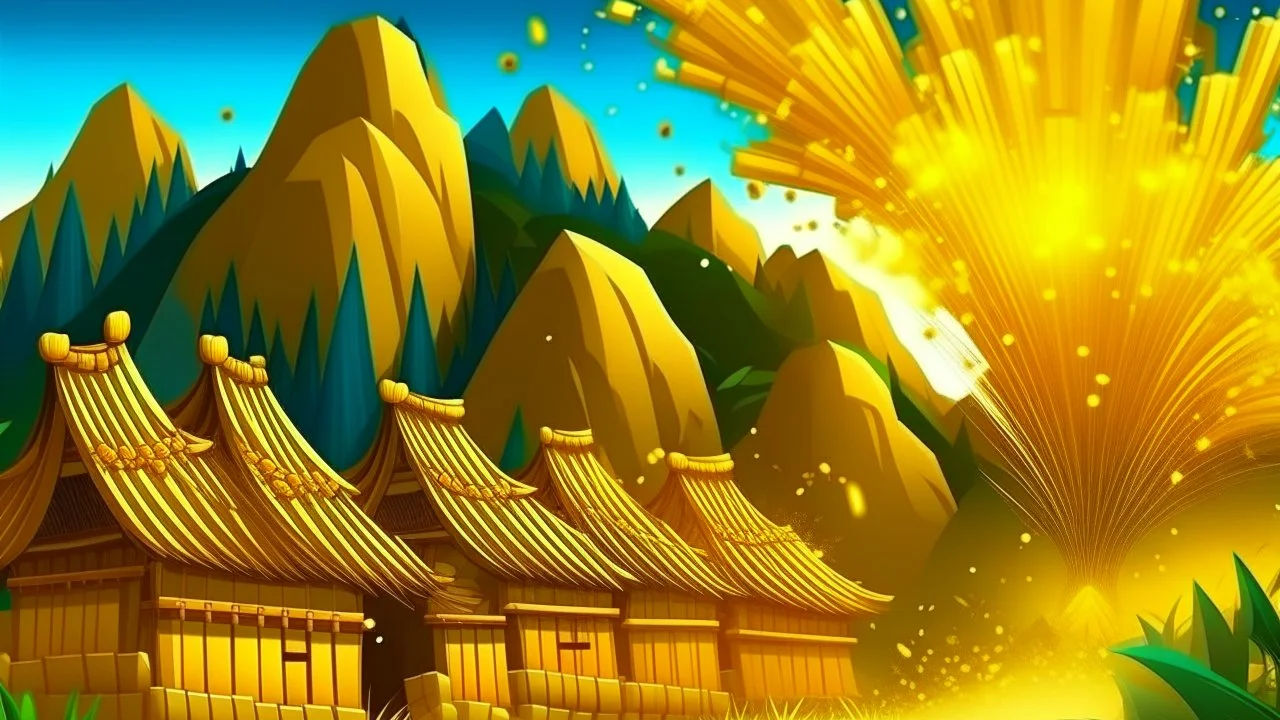 fantasy cartoon style illustration: golden bamboo firecrackers make loud noises in a very small Chinese mountain village