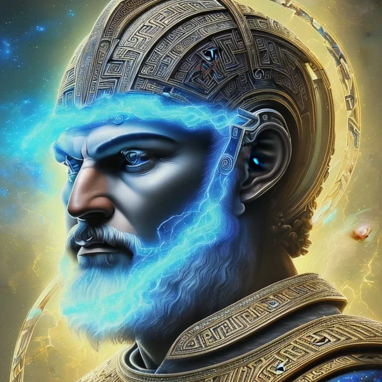 symetrical, centered, ultra detailed, digital art, in center is a portrait of highly detailed greek colossus god zeus surrounded by quantum galaxy codes seeking knowledge, detailed face, eyes filled with galaxy, dominating colors = gray light blue and gold, lightning, smoke,