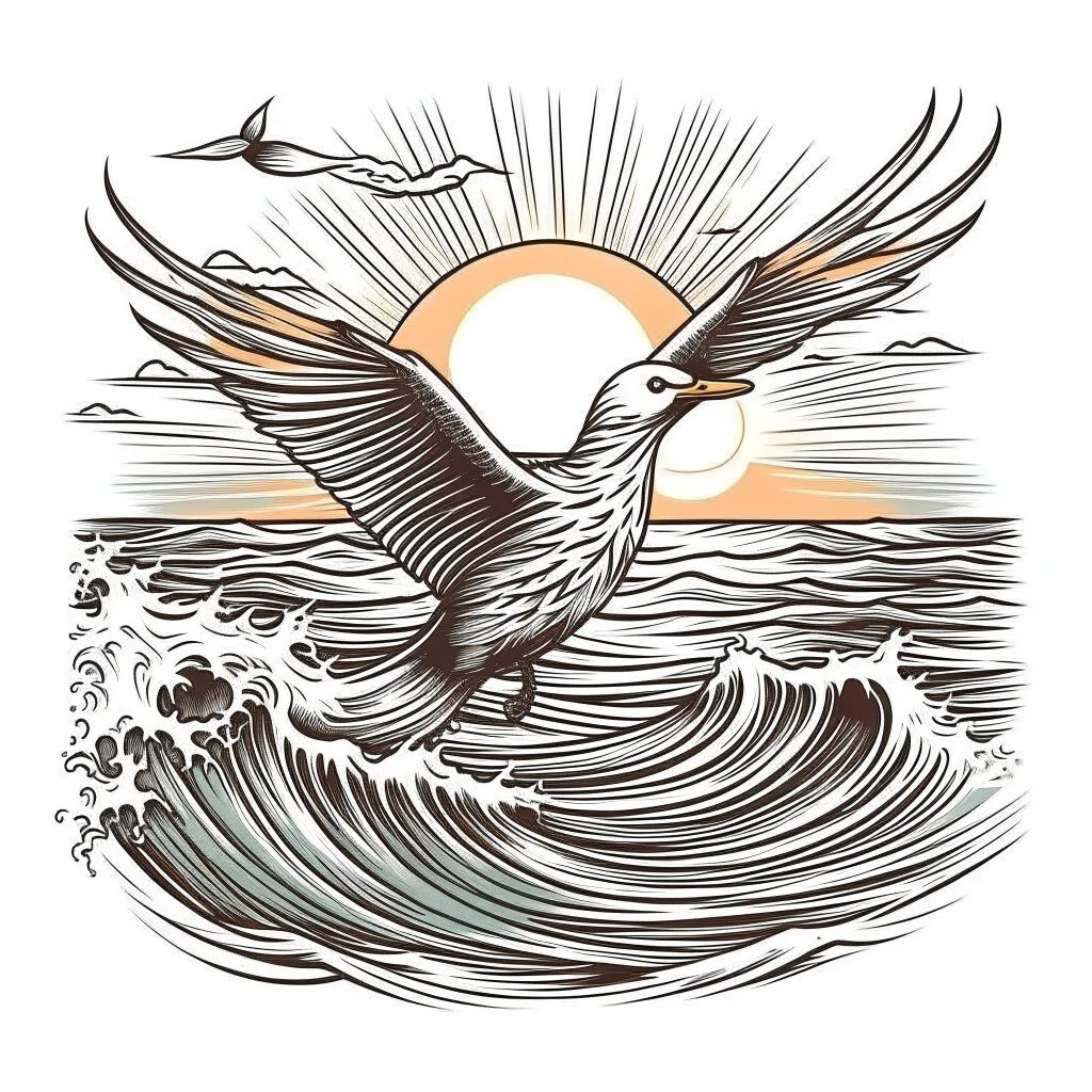 A seagull flying over crashing waves, serene, naturalistic, soft sunrise lighting, T-shirt design graphic, vector, contour, white background