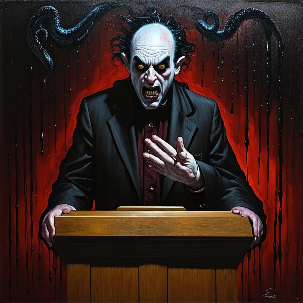 evil undeaad peaching preacher at intimidating pulpit, by John Jude Palencar and Michael Whelan and Stephen Gammell, horror art, alcohol oil painting, expansive, dark colors, vivid lovecraftian preacher juxtaposed against an enveloping black tentacle rich nightmare, palpable dripping textures, distressing hues, Whelan's distinctive visceral style, rich sharp color, modern horror