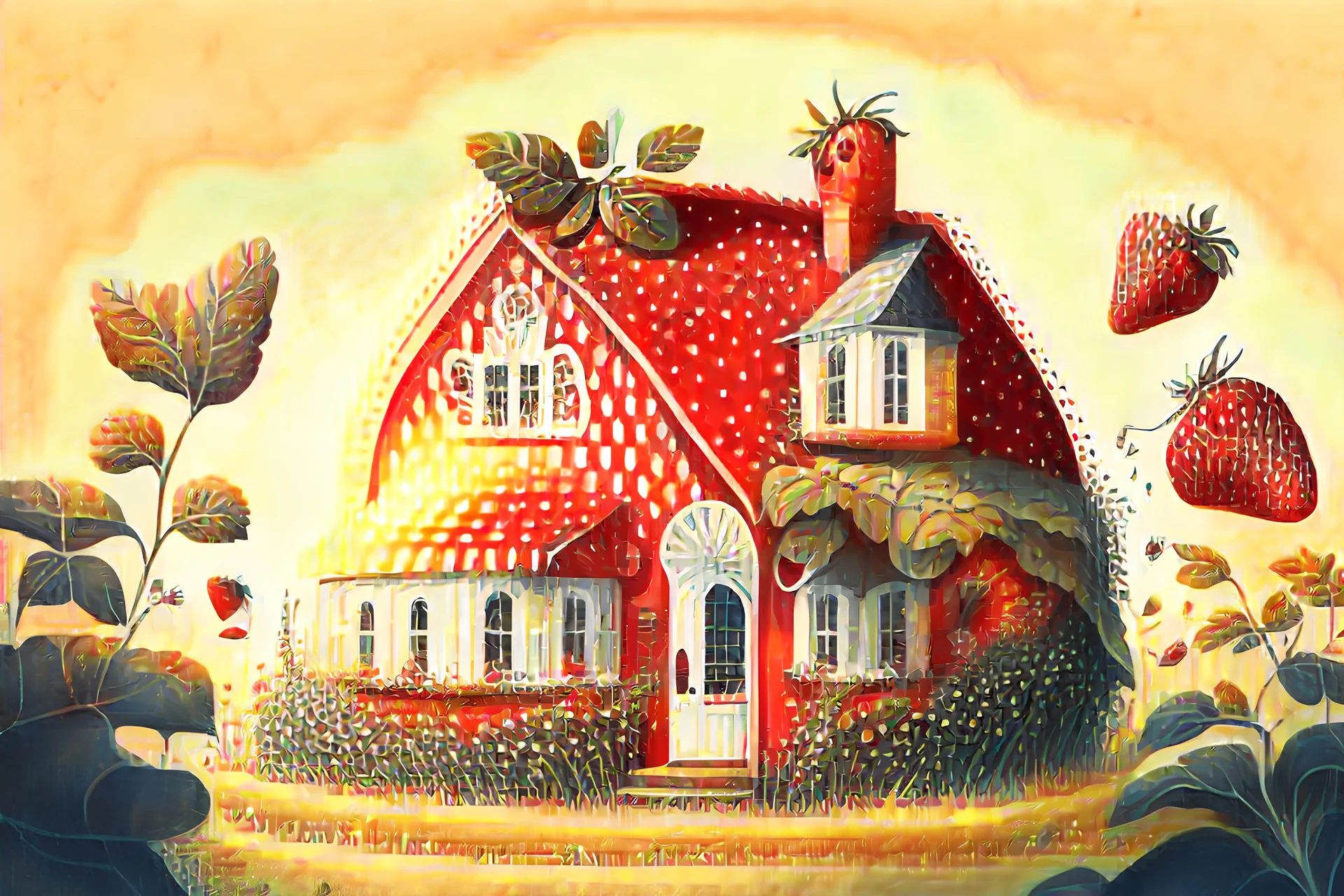 House illustration, realistic, detailed, illustrative, childrenbook style, Red house, strawberry plants