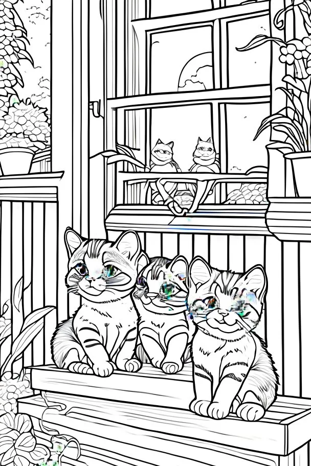 kids coloring page, Cats on the porch, cartoon style, thick lines, low detail, no shading