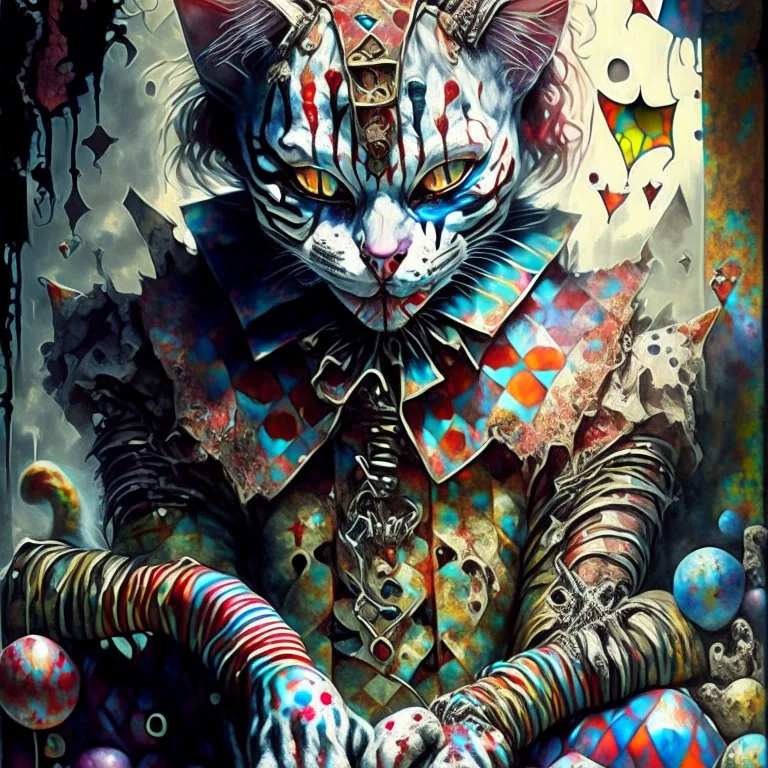 Harlequin cat patchwork art by cameron gray epic poster, Hyper realistic monster clown. sits on a pile of bones and skulls watercolor painting, Jean-Baptiste Monge style, bright, beautiful in spring, splash, big perfect eyes, rim lighting, lights, magic, fantasy, digital art, wlop, artgerm and james jean Modifiers: 8k cinematic lighting photorealistic 4K 3D crisp quality hdr Ultra realistic Gian Lorenzo Bernini Geometric and cubist