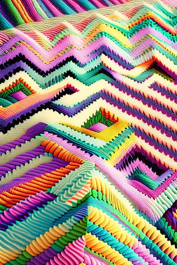 Day dawning skin crawling; insanely detailed zigzag quilt made of alternating colors of yarn; colorful; pastels