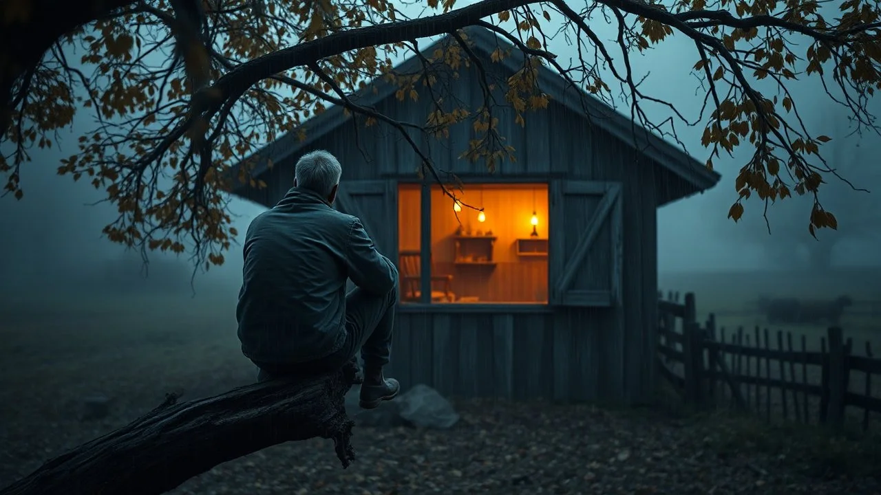 back to he camera sitting a barn on a tree branch and looks into the poor village room through the window, mystic fog, autumn, rain, little light, sunset, high detailed, sharp focuses, photorealistic, perspective, cinematic, dramatic vibe