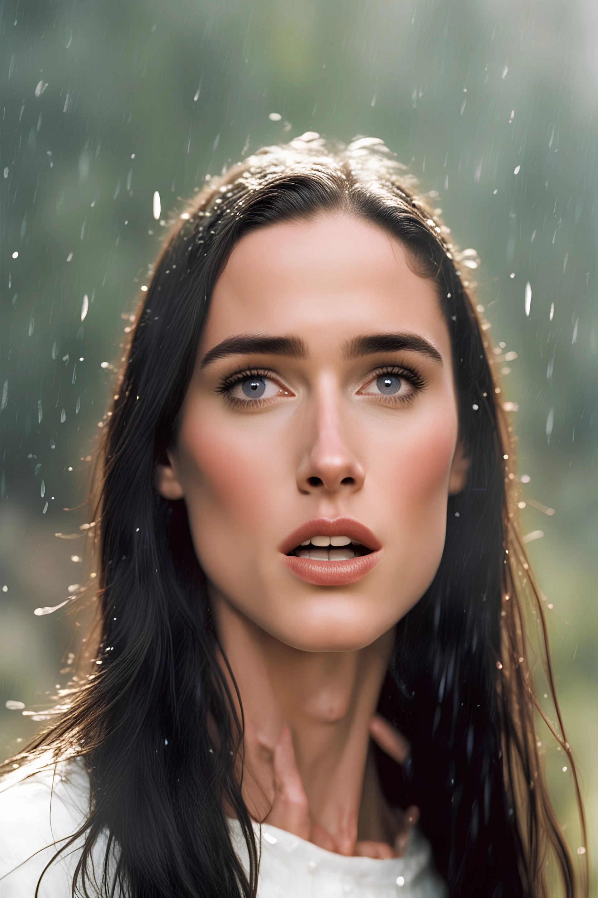 Beautiful 25 year-old Jennifer Connelly is standing outside in a rain shower with no rain-coat, umbrella, or hat on, with her head tilted up to the sky, her tongue sticking out and catching raindrops, as if reliving a childhood memory.