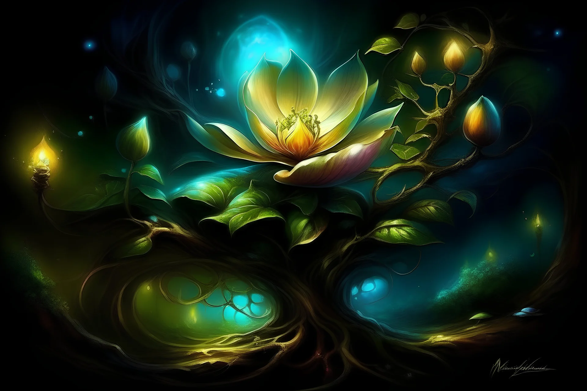 Alexander Jansson || CLOSE UP OF Breathtaking, Gorgeous, Glowing Bioluminescent Colorful Magnolia Flower, AT NIGHT, Golden Magic, Gorgeous, Intricate, Extremely Detailed, Beautiful”