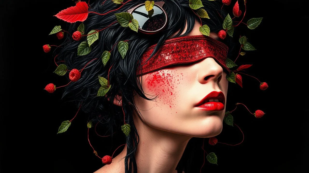 Thomas Ligotti, Mannequin World, In Space They Can't Hear You Scream, Dave McKean, Inspired by Zdzislaw Beksinski's Nightmare Paintings, Wassily Kandinsky, Double Exposure, Gnostic Tragedy, Sinister, Woman, Messy Black Hair, Made of Shiny Texture, Sunglasses on Head, Red Blush, Blindfolded, Half Smirk, Vine Design, Raspberry, Surreal, Futuristic, Black Open Background, Peach Skin, Leafy Textures, Shiny Plastic, Organic Aesthetics, Pink Red Tint, Green Leaves, Alien Design, Mutant Structure, Red