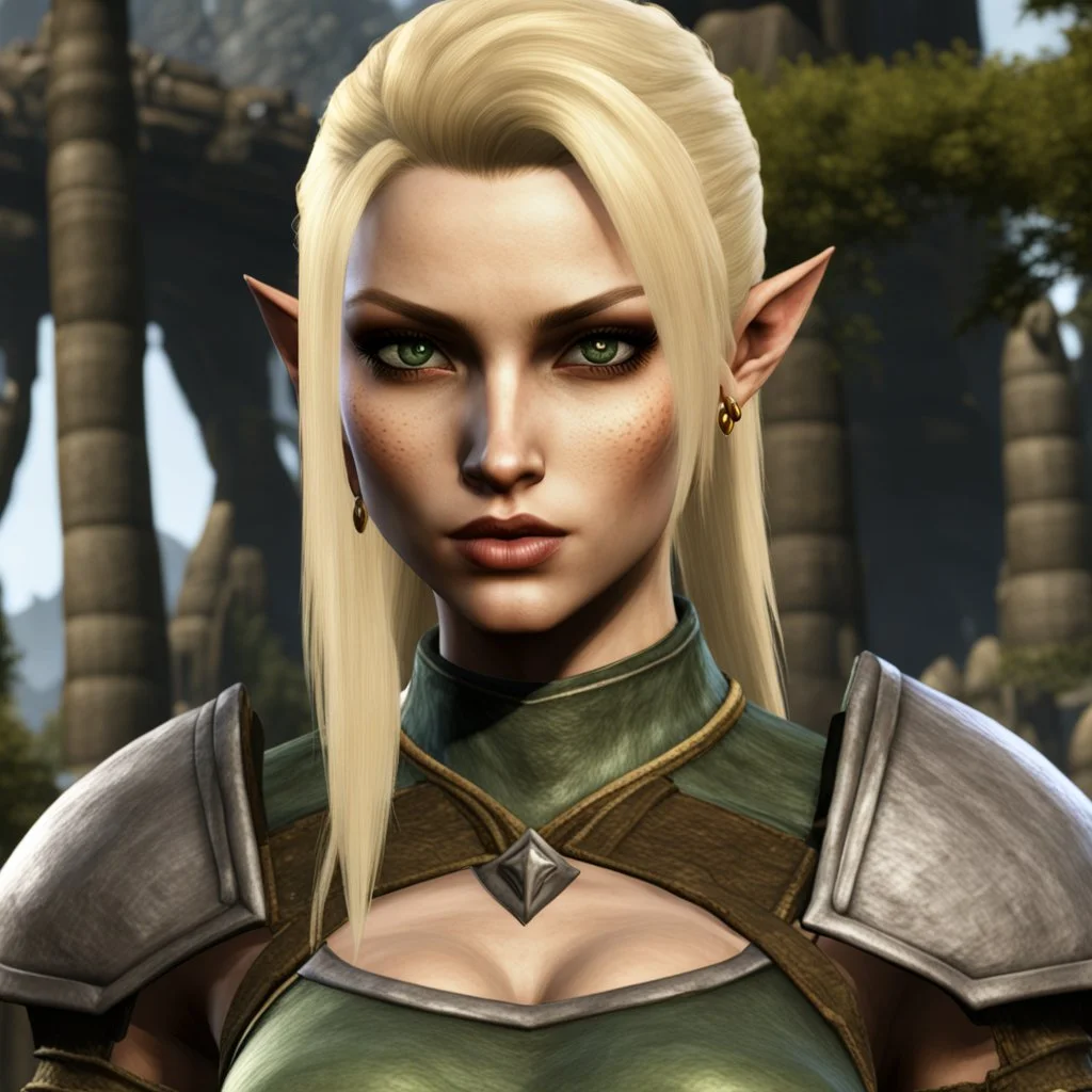 A bosmer female barbarian from Morrowind with short blond hair and black eyes