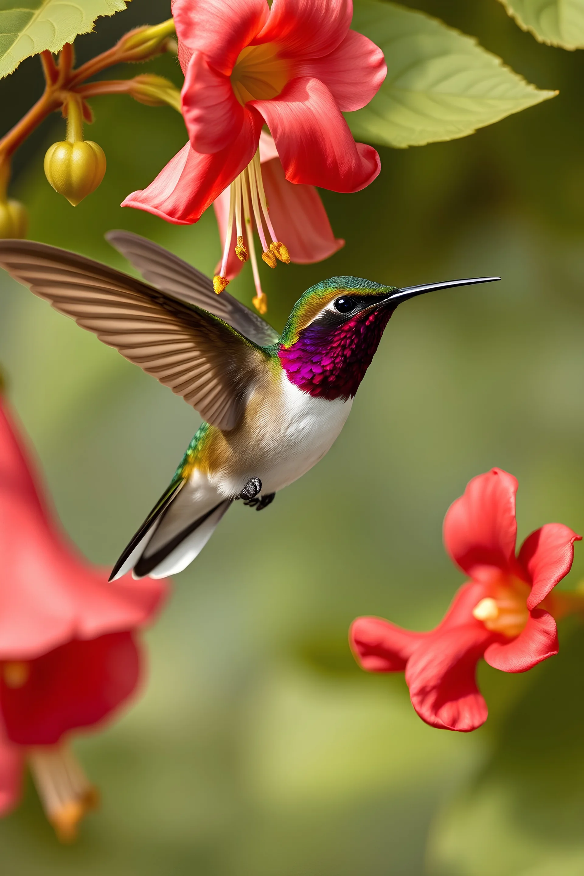 "A detailed study of a Ruby-throated Hummingbird hovering near a blooming trumpet vine, capturing the delicate beauty of the bird and its environment, in Audubon's style."