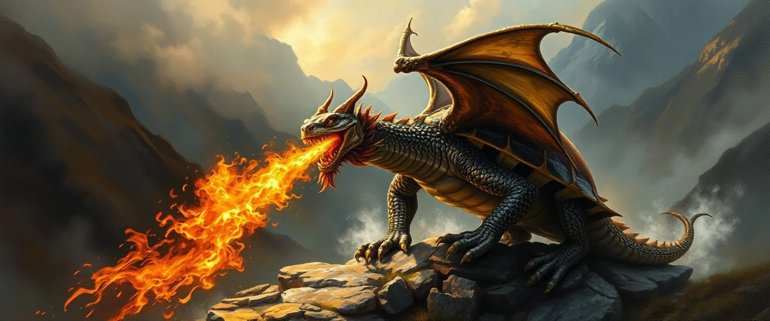 master oil painting by Rembrandt, good afternoon turtle dragon with fire breath, in mountain pass