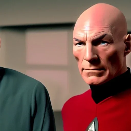 Captain Picard and Commander Spock, in the style of Star Trek II, realistic, 8k, cinematic, dramatic light, full body, cinematic, photo realistic, portrait Photography, Depth of Field, hyper-detailed, beautifully color-coded, insane details, intricate details, beautifully color graded, Cinematic, Color Grading, Editorial Photography, Photography, Photoshoot, Shot on 85mm lens, Shutter Speed 1/500, F/2,