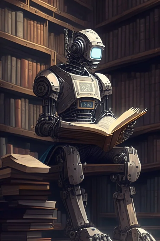 A huge library is serviced by computers, and there are many books on the shelves. The robot is sitting on a chair at the table and holding an antique book in his hands. Expression. High-quality drawing, 8K