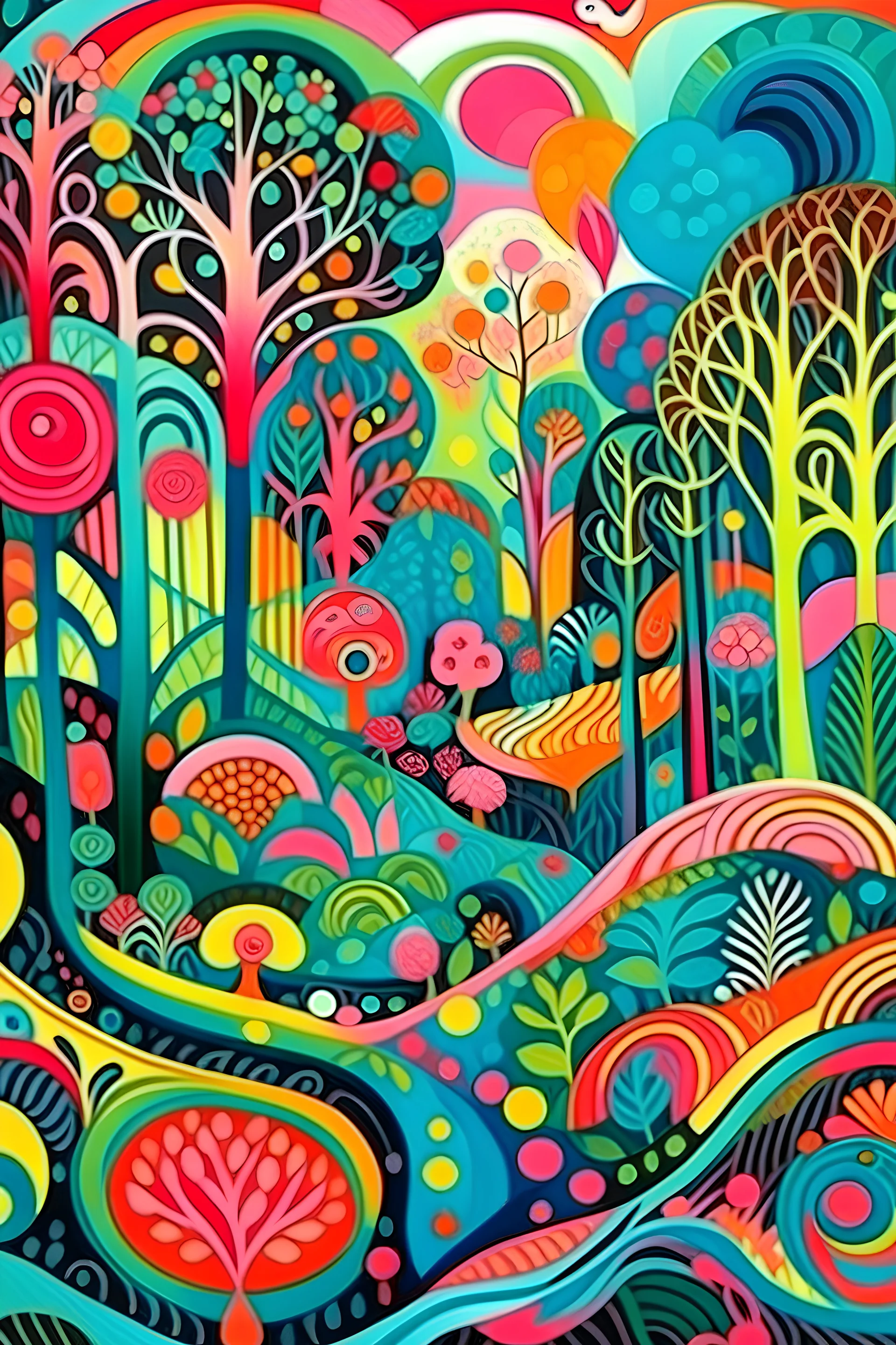 royalty free aerial view naiive art style magical forest with bird block pastel colors on velvet collage Hundertwasser and Matisse