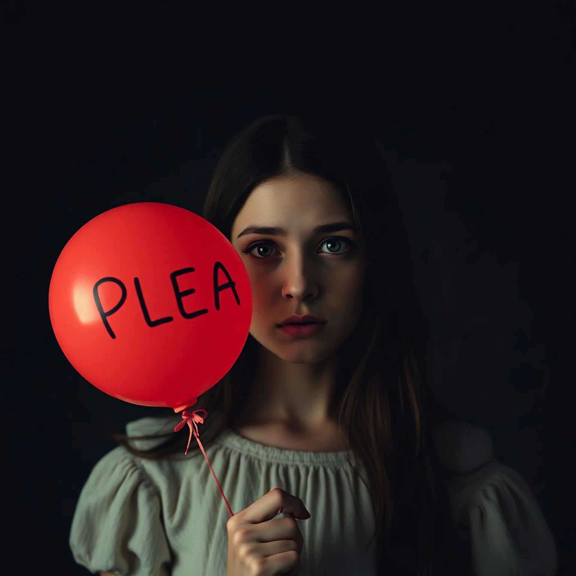 a young sad woman holding a ballonn written "PLEASE", surreal, liminal atmosphere