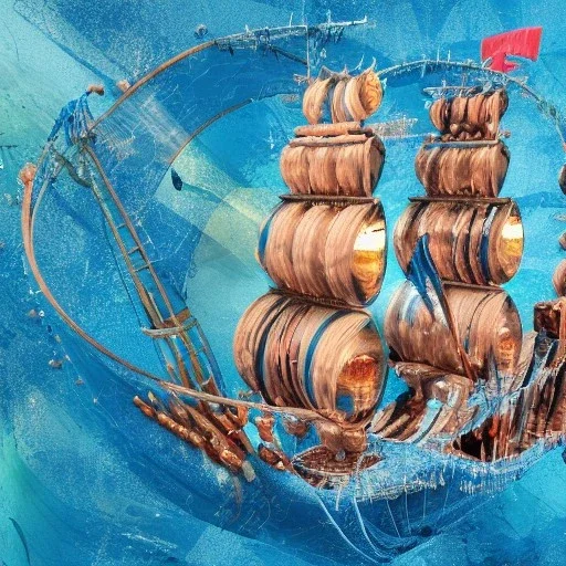 Beautiful pirate ship in the ocean in the style of Abstract Expressionism, complex, incomprehensible, 3D, voluminous, symmetrical, artistic, 4K, 8K