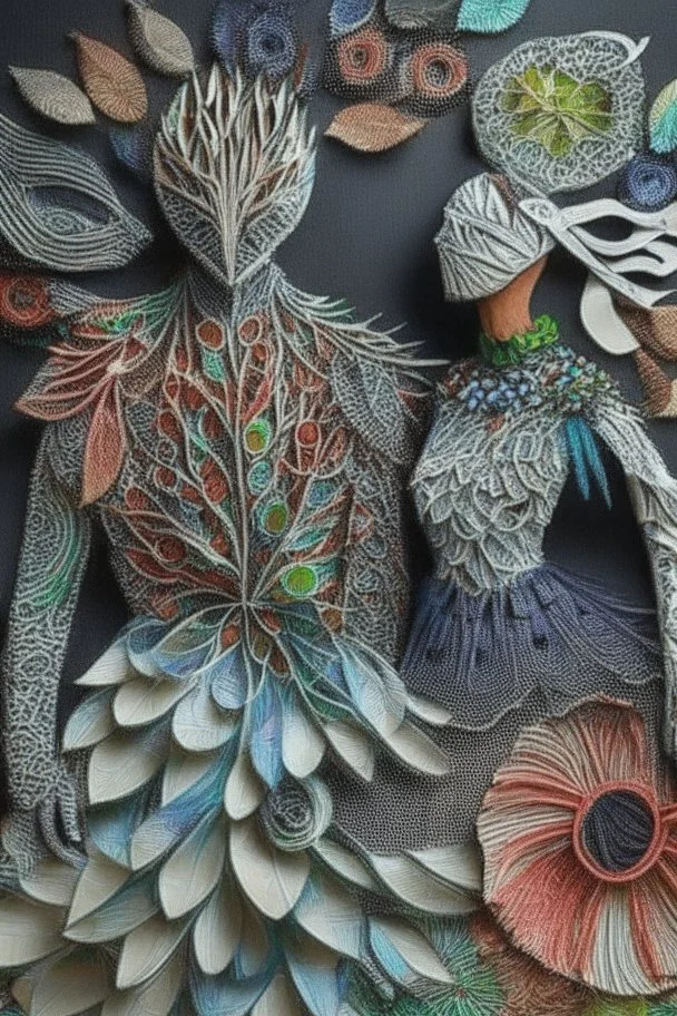 Surreal couple wearing designer outfits made of insanely detailed quilling including metal, mirrors, feathers, foliage, flowers, leather, buttons, jewels, twigs, plastics, glitter, shells, fabrics, twine, and thread