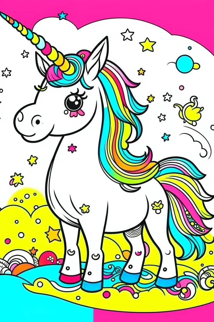 kids illustration, an unicorn image, cartoon style, thick line, low details, vivid color