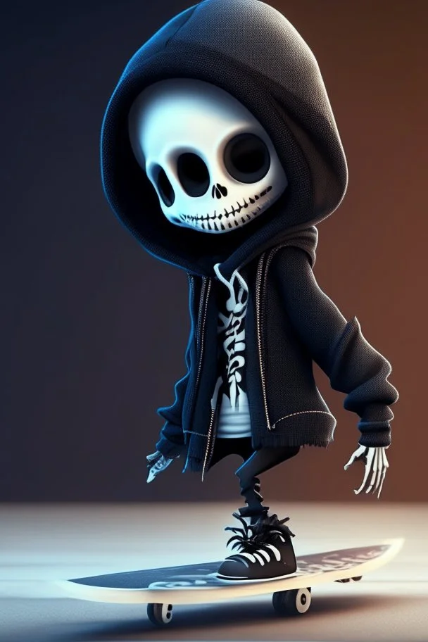 a cute animation boy, skateboarding , trendy hoody, 8 k, tim Burton skeleton style from the movie "night before Xmas", realistic animation, gothic