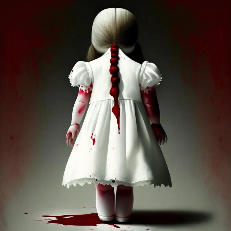 A girl's doll wearing a white dress with red blood bleeding from the back